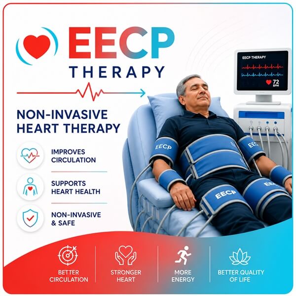 A patient comfortably receiving non-invasive EECP treatment at Global Heart Foundation in Pune, an FDA-approved natural bypass alternative to surgery.